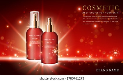 Vector 3D cosmético maquillaje ilustración producto esencia frasco de pulverización con fondo rojo brillante