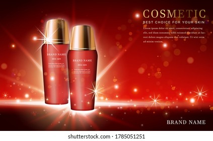 Vector 3D cosmetic make up illustration product bottle with shiny red background