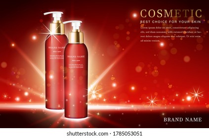 Vector 3D cosmetic make up illustration product lotion bottle with shiny red background