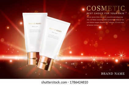 Vector 3D cosmético maquillaje ilustración tubo de esencia de producto con fondo rojo brillante