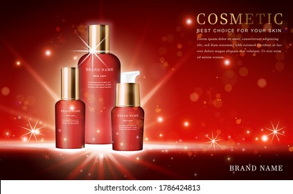 Vector 3D cosmético maquillaje ilustración botella de esencia de producto con fondo rojo brillante