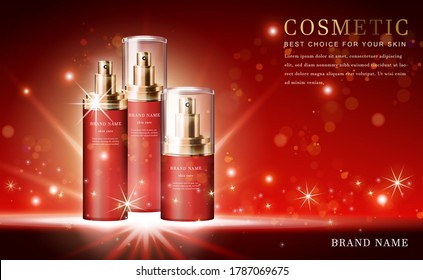 Vector 3D cosmetic make up illustration product essence bottles with shiny red background