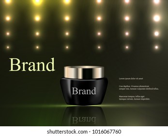 Vector 3d, cosmetics, cream on a dark green background with bright lights, luxury, advertising, catalog, poster