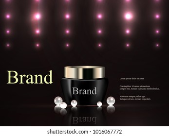 Vector 3d, cosmetics, cream on a dark background with bright lights, luxury, advertising, catalog, poster, pearls