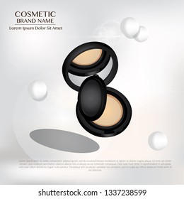 
Vector 3D cosmetics illustration for the Banner Advertising Promotion of Cushion Foundation premium product. Makeup in Black packaging and tube on a soft beige background with text
