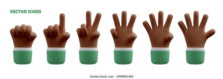 Vector 3d counting hand icon set. Dark skin cartoon arms with palms and fingers countdown. Realistic illustration, business clipart isolated on white background