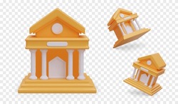 Vector 3D court building with columns. Front and angled view. Premises for consideration of court cases and lawsuits. Empty fragments for logos, texts. Mockup in cartoon style