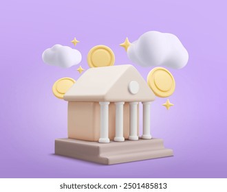 Vector 3D court building with columns. Front and angled view. Premises for consideration of court cases and lawsuits. Empty fragments for logos, texts. Mockup in cartoon style