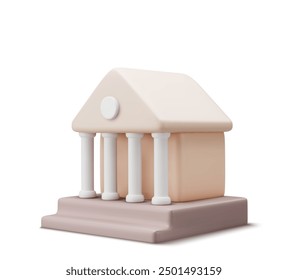 Vector edificio de corte 3D con columnas. Vista frontal y en ángulo. Locales para la consideración de casos judiciales y demandas. Fragmentos vacíos para logos, textos. Maqueta en estilo de dibujos animados