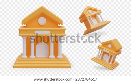 Vector 3D court building with columns. Front and angled view. Premises for consideration of court cases and lawsuits. Empty fragments for logos, texts. Mockup in cartoon style