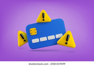 Vector 3d credit card will expire soon banner. Realistic 3d render plastic card and exclamation mark in yellow triangle. Online payment error, transaction problem concept, fraud warning illustration.