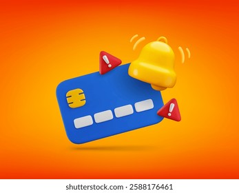 Vector 3d credit card will expire soon banner. Realistic 3d render plastic card, exclamation mark in red triangle and ringing bell. Online payment error, transaction problem concept, fraud warning.