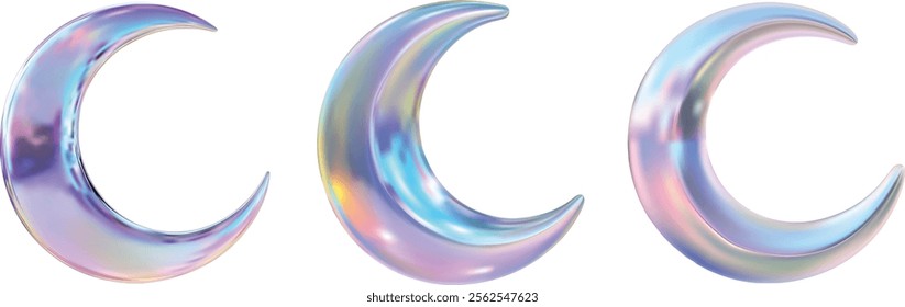 vector 3d crescent moon y2k  pastel hologram