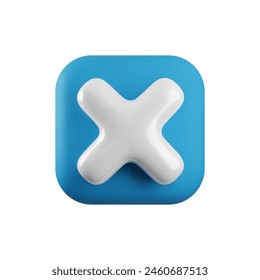 Vector 3d cross x realistic icon. Trendy square plastic wrong blue check mark, delete sign on white background. No vote button. 3d render not approved symbol, error, failed sign for web design, app.