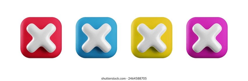 Vector 3d cross x realistic icon set. Trendy square plastic wrong red, blue, yellow and pink check mark. No vote button. 3d render not approved symbol, error, delete, failed sign for web design, app.