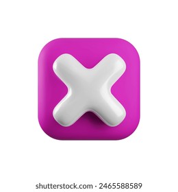 Vector 3d cross x realistic icon. Trendy square plastic wrong pink check mark, delete sign on white background. No vote button. 3d render not approved symbol, error, failed sign for web design, app