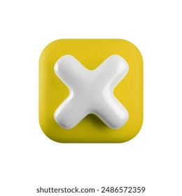 Vector 3d cross x realistic icon. Trendy square plastic wrong yellow check mark, delete sign on white background. No vote button. 3d render not approved symbol, error, failed sign for web design, app.