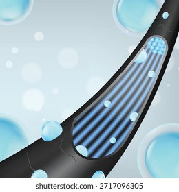 Vector 3D sección transversal de un mechón de pelo que muestra fibras internas llenas de burbujas de suero azul. Concepto de reparación profunda de la corteza, infusión de queratina y restauración de la humedad.
