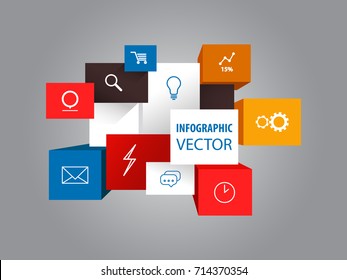 Vector 3d cubes with magnifying glass for zoom and round pointer, mall cart and linear chart with percents, envelope and lightning, chat clouds and clocks, cogs. Website button elements, square icons