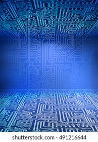 Vector 3d cyberspace background. Circuit board blue space.