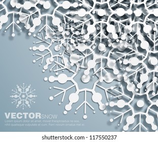 Diseño de esquina decorativa vectorial 3d de copos de nieve superpuestos. Las sombras están totalmente basadas en vectores.