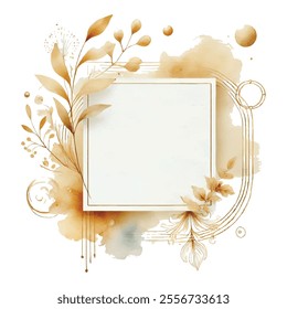 Vector 3d delicate artistic floral square frame in beige and gold colors with elegant gold leaves, branches, flowers, watercolor splashes. Isolated ornate luxury modern design on white background.