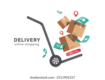 vector 3d for delivery advertising design ,green free shipping promotion tag label, a red pin map the delivery location to customers, parcel box all floating in the air on a cart used in warehouses