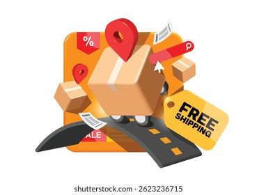 Vector 3d for delivery concept design .parcel box or cardboard box with wheels on bottom looks like car running on road along red pin route. and with promotional sign free shipping hanging next to it