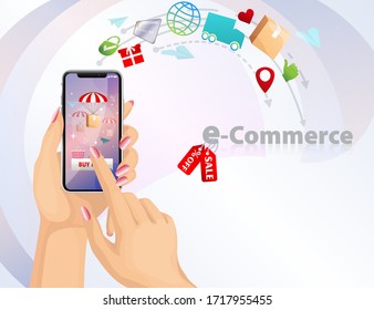 Vector 3D design concept of e-commerce, buying online and e-commerce poster, online shop and shopping elements, online store, support, secure payment online,worldwide delivery, smartphone, hands