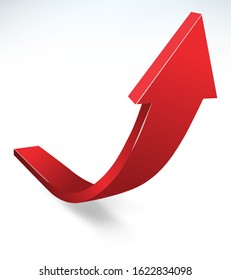 Vector 3d design rendering of upward moving bending curve red big arrow