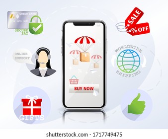 Concepto de compras de diseño en 3D para vectores, compra de póster en línea y de comercio electrónico, tiendas en línea y elementos de compras, tienda en línea, soporte, Pago seguro en línea, entrega en todo el mundo