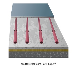 Vector 3D diagram warmfloor. Warm floor in layers: concrete, cement, screed, pipe, coating. Heating flooring system.