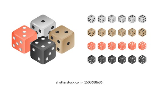 Vector 3D dice. Set of four different color casino dices: white, black, red and brown (wooden). Vector game dices, isolated on white background.