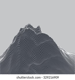 vector 3d digital landscape. black and white monochromatic background with mountain for modern poster, desktop wallpaper or any graphic design use.