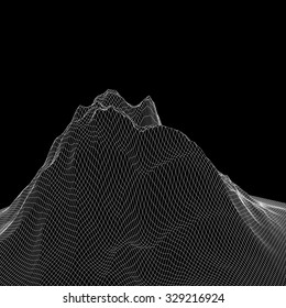 vector 3d digital landscape. black and white monochromatic background with mountain for modern poster, desktop wallpaper or any graphic design use.