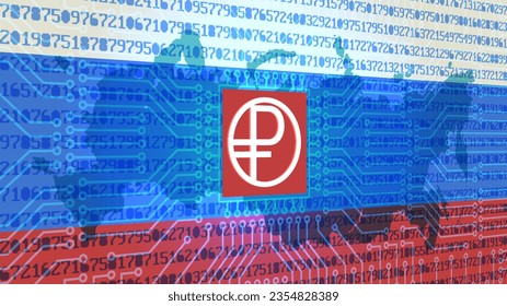 Vector 3d digital Russian ruble symbol. Computer chip circuit, map and national flag. Bright glowing banner.