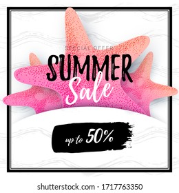 Vector 3d discount poster with text Summer Sale on the three grainy pink starfishes. Wavy brush stroke texture. Black square frame.
