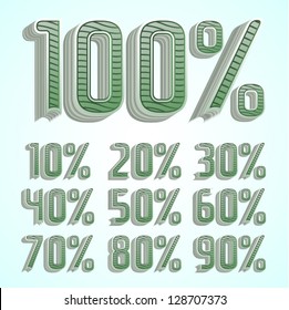 Vector 3d dollar bill font Percents templates for sale 100%, 90%, 80%, 70%, 60%,  50%, 40%, 30%, 20%, 10%