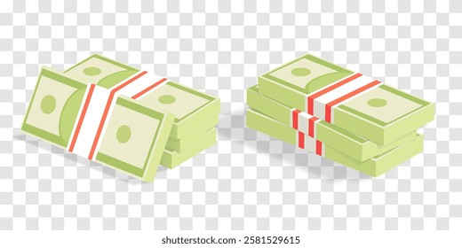 Vector 3d dollars, paper bills isolated on png. Bank cash vector set. Green dollar bill packs, stacks. Vector economy and banking, earnings and wage. Deposit and investment. Transparent background