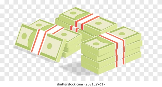 Vector 3d dollars, paper bills isolated on png. Bank cash vector set. Green dollar bill packs, stacks. Vector economy and banking, earnings and wage. Deposit and investment. Transparent background