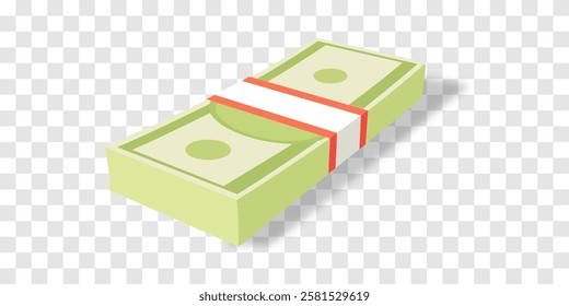 Vector 3d dollars, paper bills isolated on png. Bank cash vector set. Green dollar bill packs, stacks. Vector economy and banking, earnings and wage. Deposit and investment. Transparent background