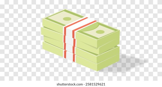 Vector 3d dollars, paper bills isolated on png. Bank cash vector set. Green dollar bill packs, stacks. Vector economy and banking, earnings and wage. Deposit and investment. Transparent background