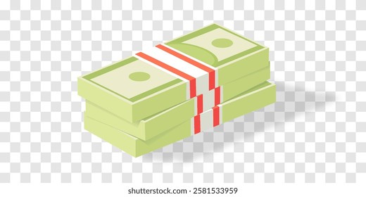 Vector 3d dollars, paper bills isolated on png. Bank cash vector set. Green dollar bill packs, stacks. Vector economy and banking, earnings and wage. Deposit and investment. Transparent background