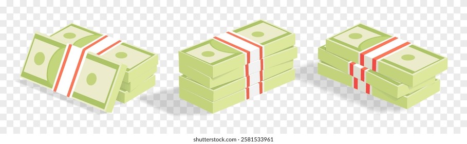 Vector 3d dollars, paper bills isolated on png. Bank cash vector set. Green dollar bill packs, stacks. Vector economy and banking, earnings and wage. Deposit and investment. Transparent background