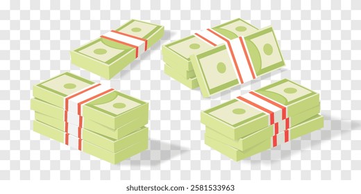 Vector 3d dollars, paper bills isolated on png. Bank cash vector set. Green dollar bill packs, stacks. Vector economy and banking, earnings and wage. Deposit and investment. Transparent background