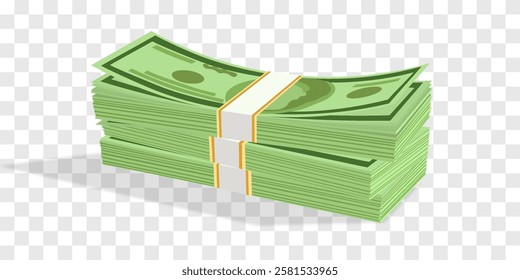 Vector 3d dollars, paper bills isolated on png. Bank cash vector set. Green dollar bill packs, stacks. Vector economy and banking, earnings and wage. Deposit and investment. Transparent background