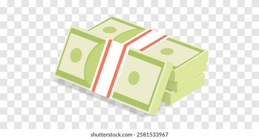 Vector 3d dollars, paper bills isolated on png. Bank cash vector set. Green dollar bill packs, stacks. Vector economy and banking, earnings and wage. Deposit and investment. Transparent background