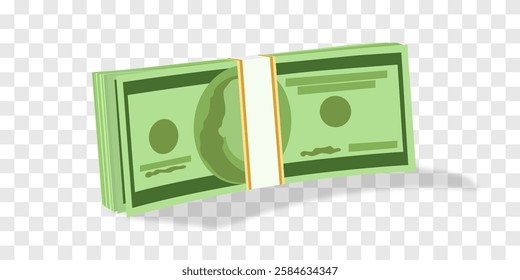 Vector 3d dollars, paper bills isolated on png. Bank cash vector set. Green dollar bill packs, stacks. Vector economy and banking, earnings and wage. Deposit and investment. Transparent background