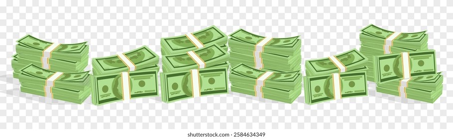 Vector 3d dollars, paper bills isolated on png. Bank cash vector set. Green dollar bill packs, stacks. Vector economy and banking, earnings and wage. Deposit and investment. Transparent background