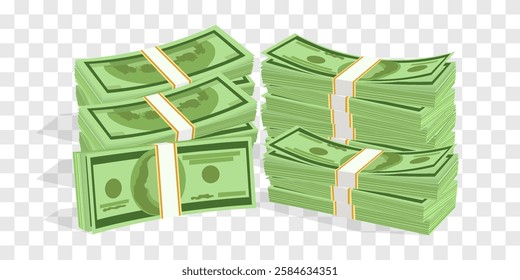 Vector 3d dollars, paper bills isolated on png. Bank cash vector set. Green dollar bill packs, stacks. Vector economy and banking, earnings and wage. Deposit and investment. Transparent background